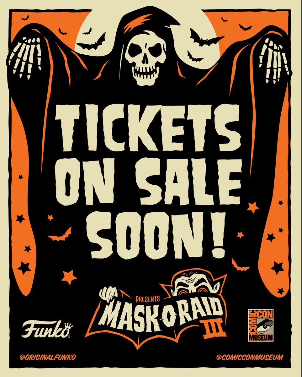 ComicConMuseum's tweet photo. Consider your October 27 or 28 plans booked! @OriginalFunko is coming to Comic-Con Museum and bringing “Mask-O-Raid” – an exclusive #Halloween event. #MaskoRaid
Tickets on sale Monday, Oct. 2 at 10 a.m.! https://t.co/78gFrloWVU
