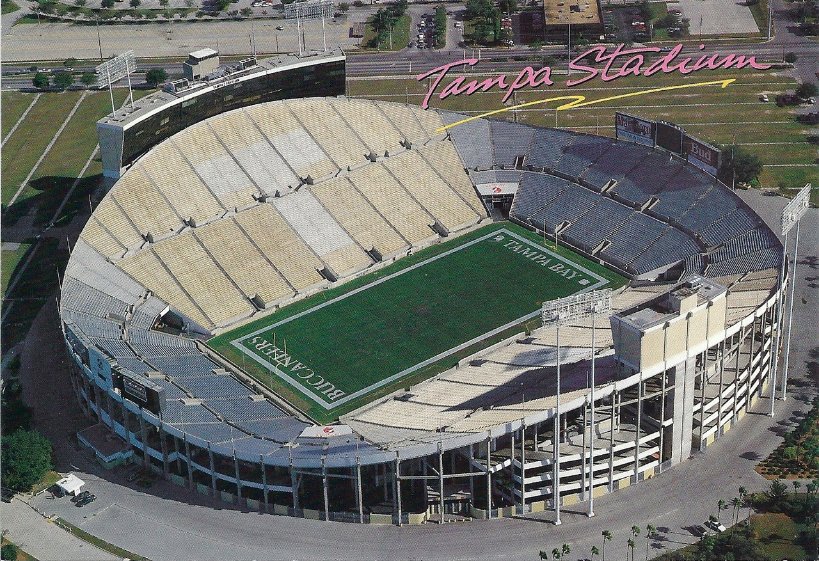 OldStadiumArena's tweet photo. Tampa Stadium was located in Tampa, Florida. It was the home of the NFL's  Tampa Bay Buccaneers from 1976–1997 and the NCAA's South Florida Bulls in 1997. Demolition began in 1998 and finished in 1999. Its former site is now a parking and staging area for Raymond James Stadium. https://t.co/oxacoVtHMn