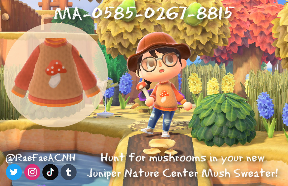 RaeFaeACNH's tweet photo. New custom sweater just dropped! π
I made a cozy sweater that's perfect for keeping you warm while mushroom hunting this fall. You should definitely wear it on your next trip to Juniper Nature Center!π
#acnh #acnhcustomcode #ACNHDesign https://t.co/9tuWqtrCsF