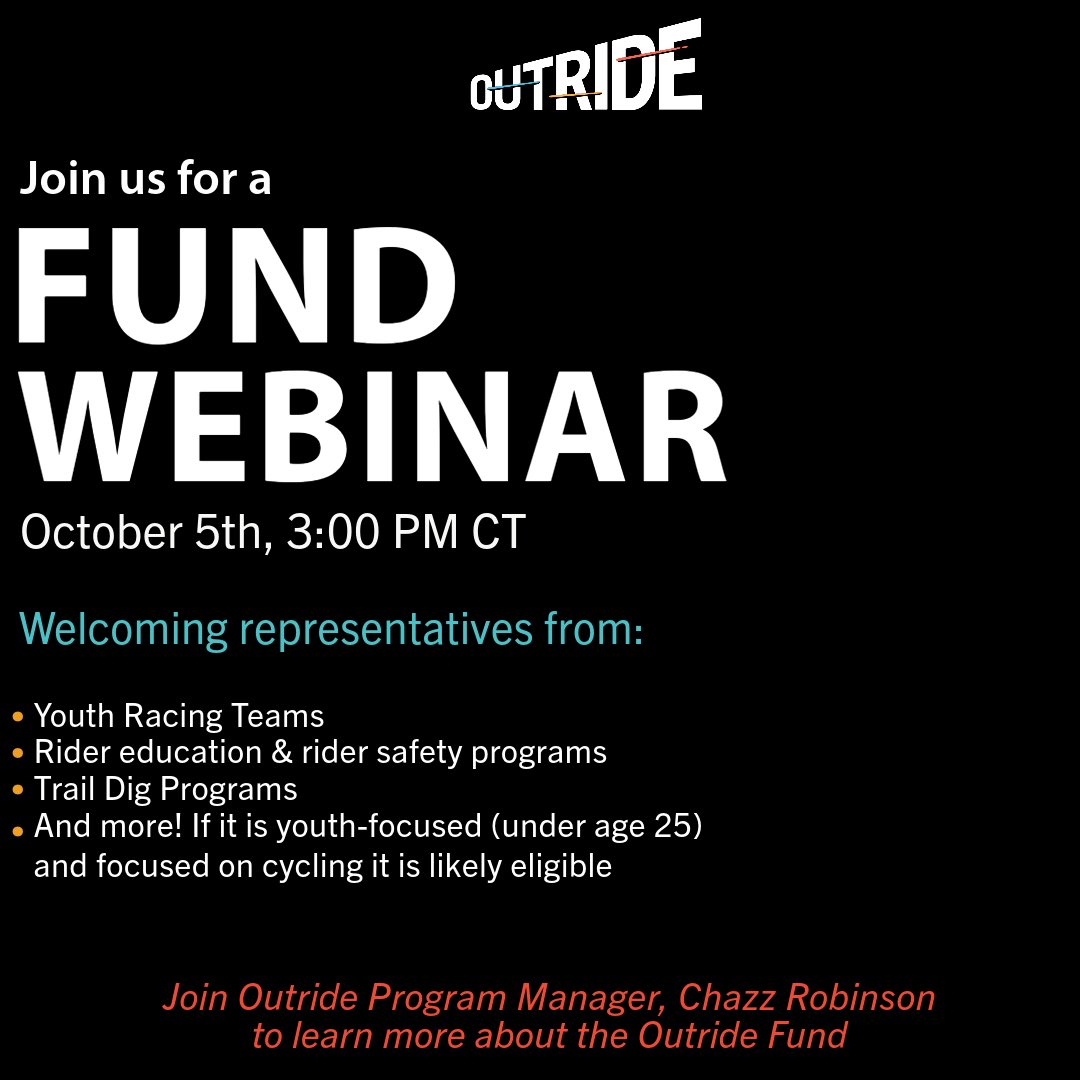 Outride Fund webinar on October 5th, at 3:00pm CT

Signup on our website outridebike.org
