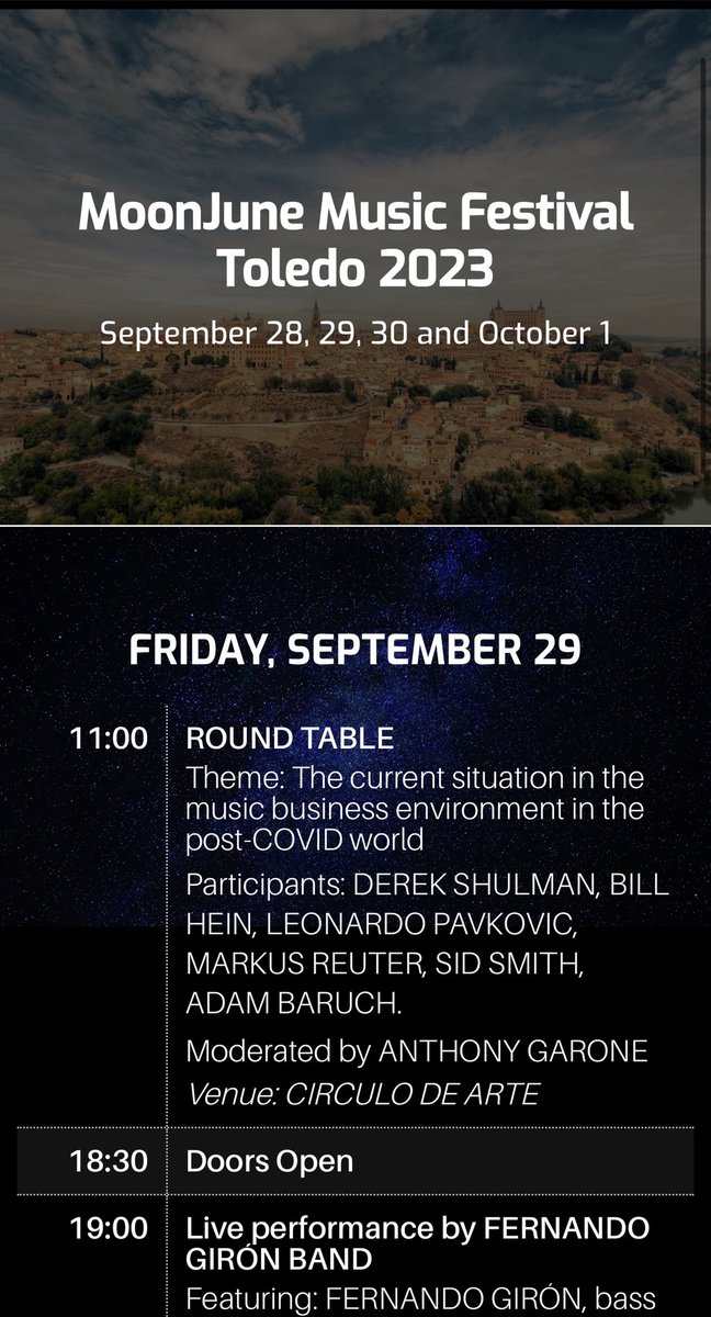 Tomorrow, September 29th, Derek Shulman will participate on a panel and also receive a lifetime archive award at the @moonjune Festival in Toledo, Spain! Tickets are still avaiiable! See below. moonjunetoledo.com/toledo2023/sep…