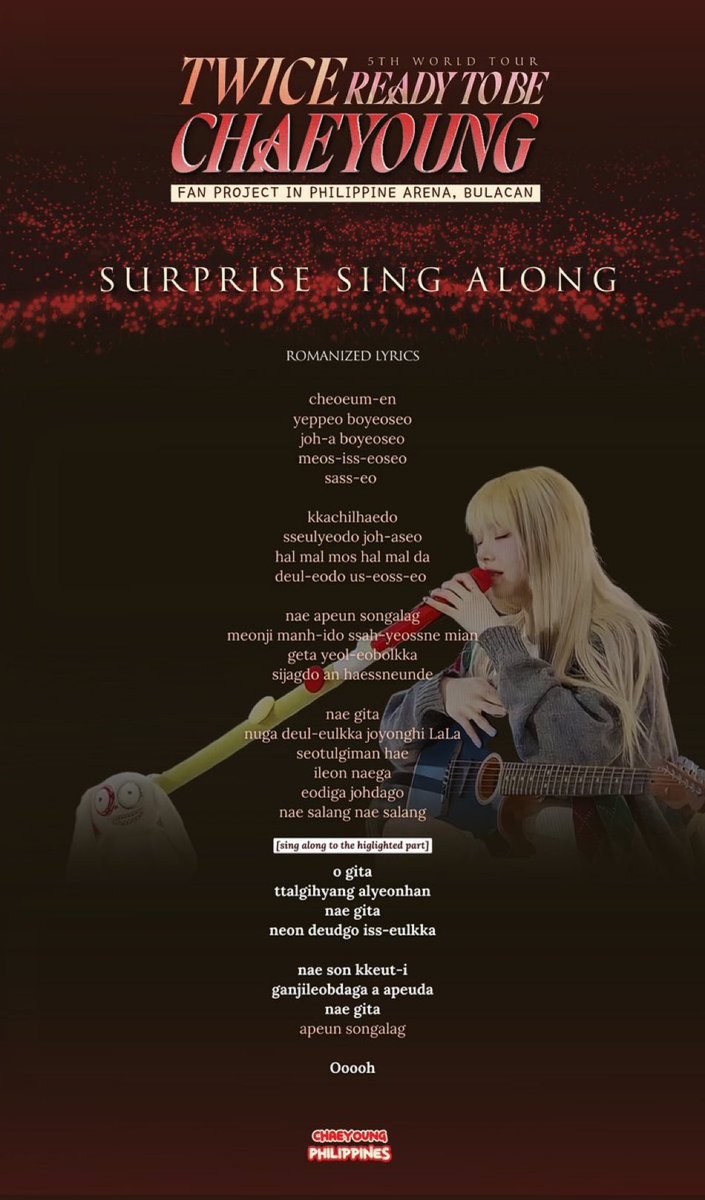 ONCExTWICEu's tweet photo. Memorize for chaeyoung filo onces in case you guys can sing it for her set. Or at least keep a copy offline so you have a guide https://t.co/OYKi9xfLLZ