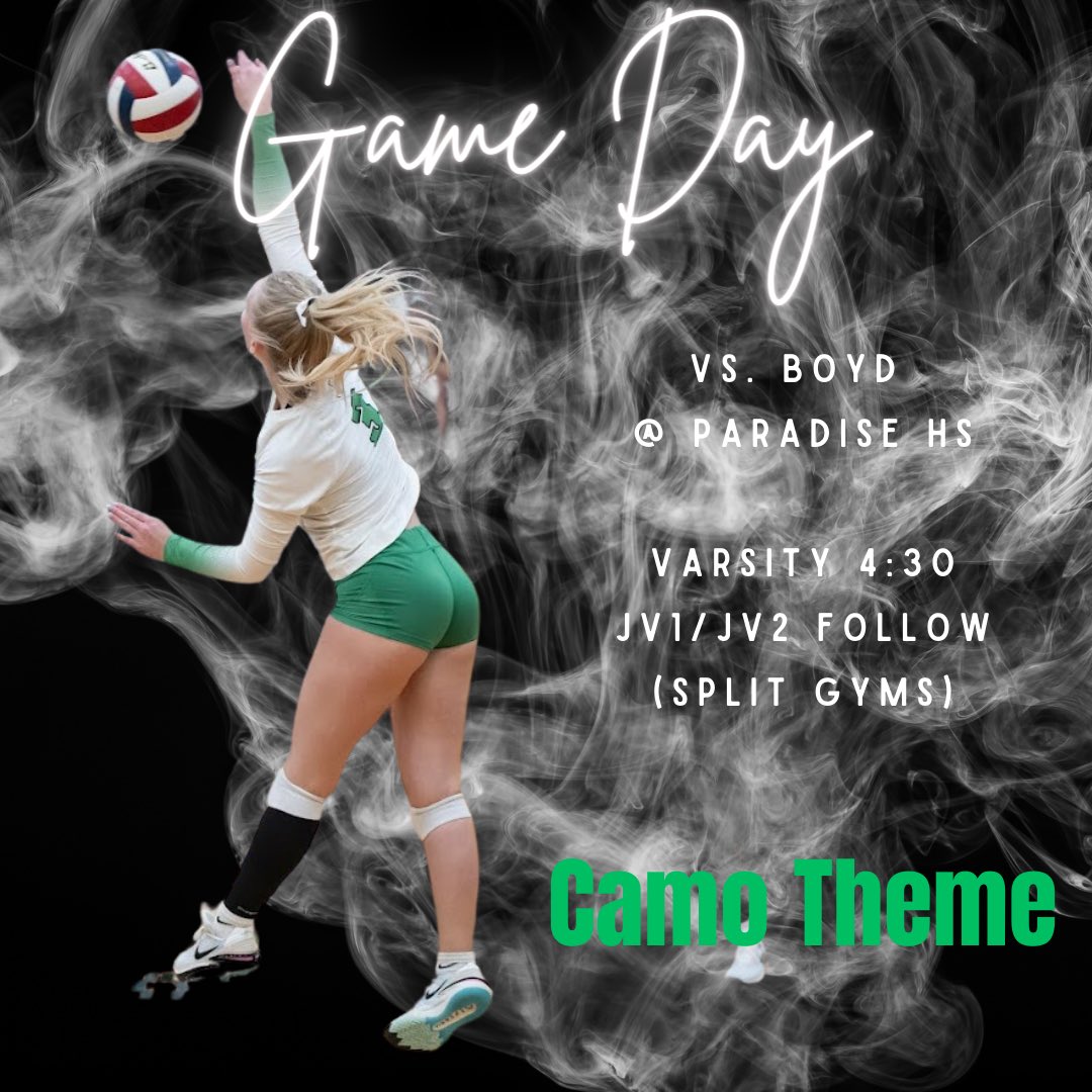 GAME DAY TOMORROW🏐

Be there, be loud!!!
Varsity begins 4:30, with JV’s to follow (split gyms) 

•Theme is CAMO 

We will be recognizing our teachers as well💚

H.U.N.G.R.Y