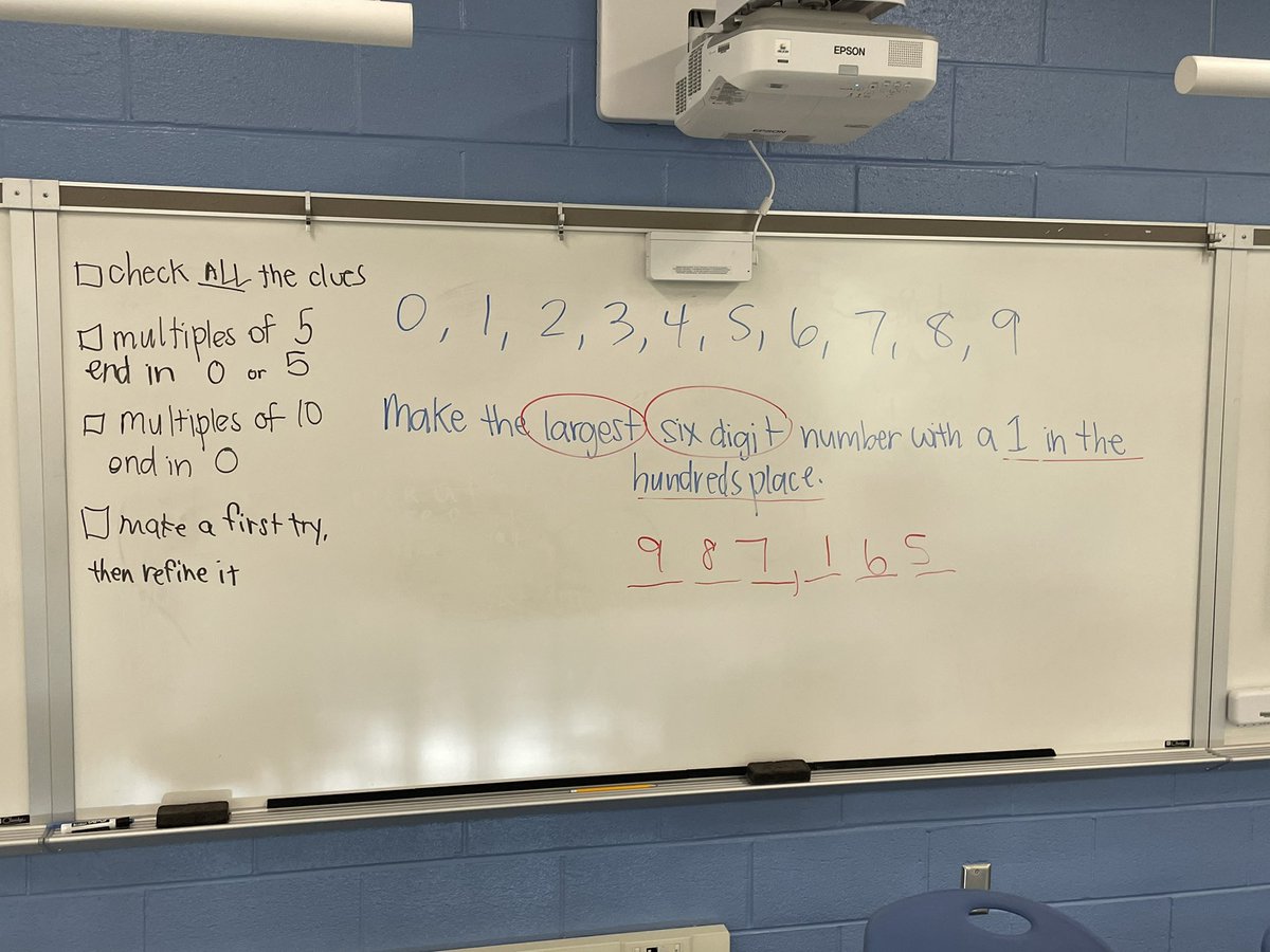 MrsJTweets2020's tweet photo. “Make the largest six digit number (no digit repeats!) with a 1 in the hundreds place.” Deep thinking and connections this morning as these 4th graders played M3’s Make It, Say It and reflected on their strategies. @MathematicsFcps @McNairUpperES https://t.co/1PjtKLC4hy