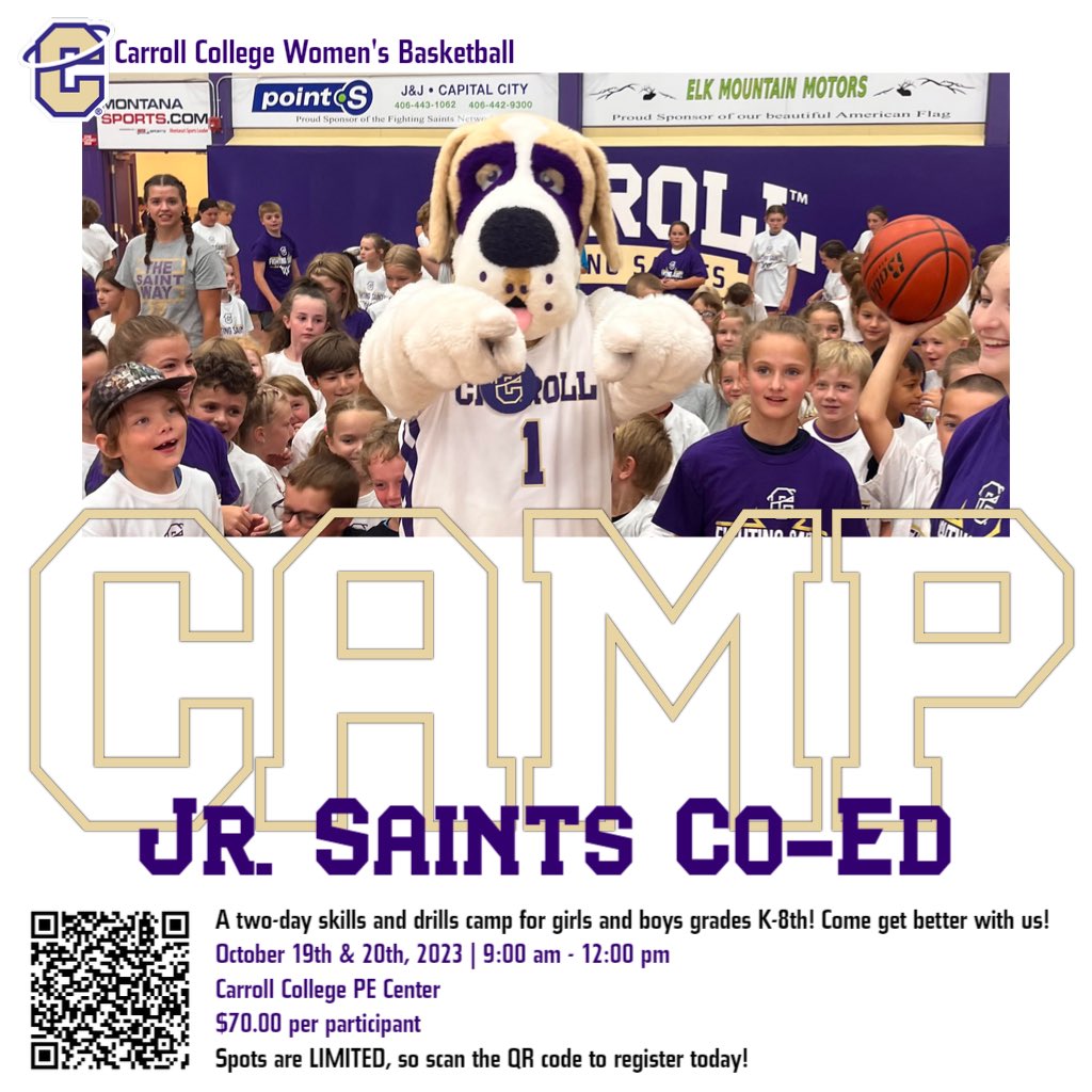 CCSaintsWBB's tweet photo. CALLING ALL JUNIOR SAINTS‼️

Come get better with us! Scan the QR code or use the link below to sign up for our Jr. Saints Co-Ed camp in October. Spots are LIMITED, so register today!

Can’t wait to see you🏀

https://t.co/wE6PR9uO4z

#GoSaints https://t.co/B8XlaNCYp1