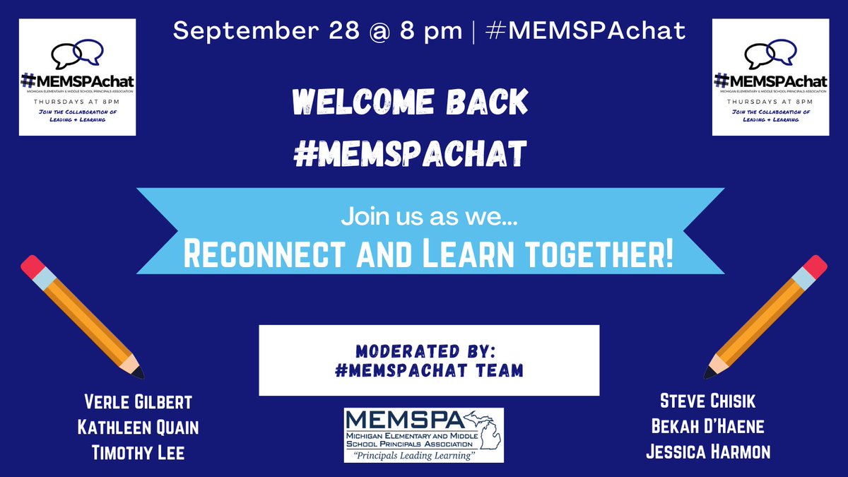 Less than 10 minutes from now
 #memspachat is back. We are reconnecting and learning together. 
#satchat #leadlap
#crazyPLN
#educhateu
#educhat
#WarmDemanders
#innovatingPlay
#NT2T
#TLAP #LearnLAP #SAANYSChat #Principalsinaction