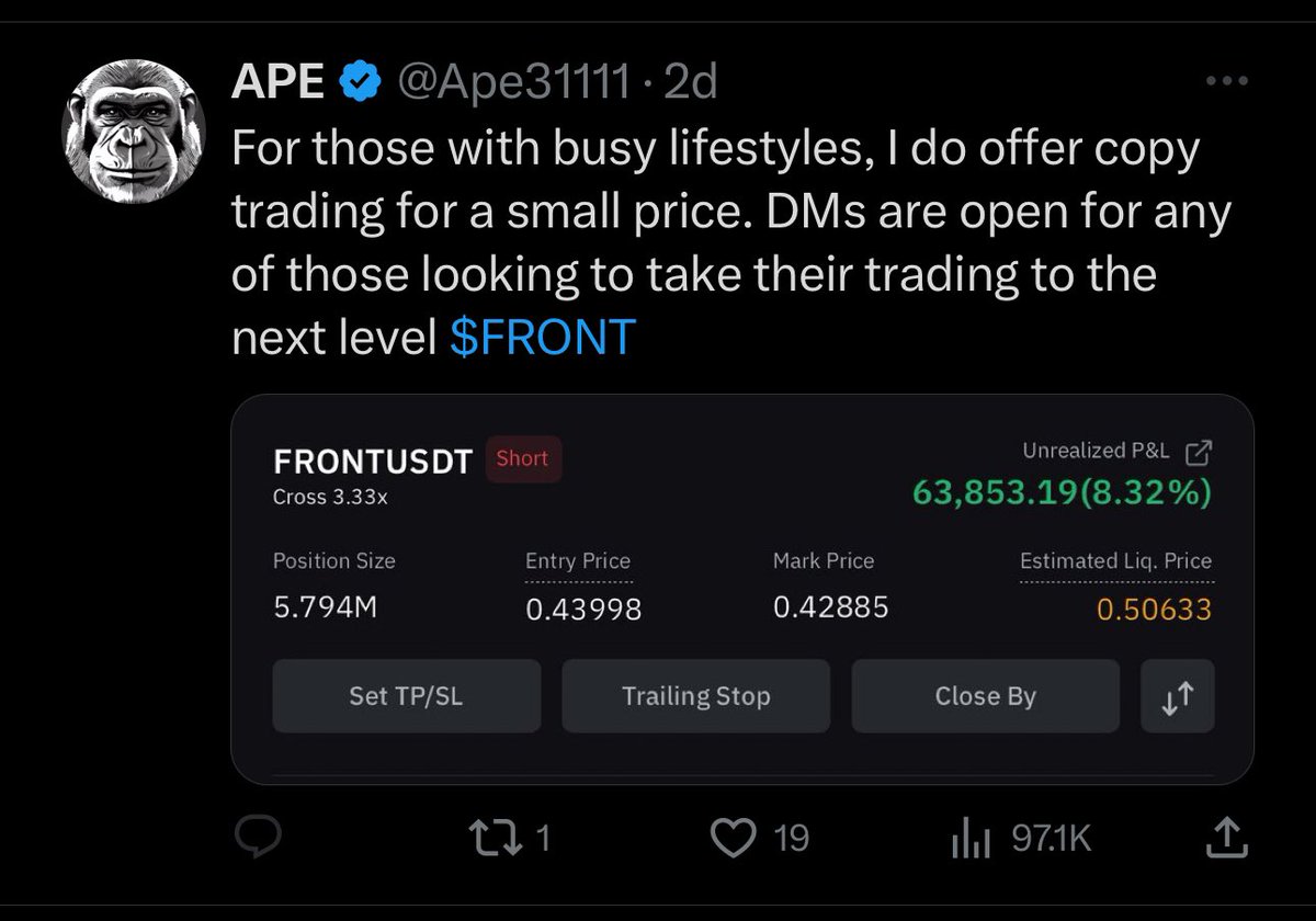 zachxbt's tweet photo. Community Alert: The account @Ape31111 is a scammer pretending to be a successful trader by flexing fake PNL screeenshots.

They claim to offer copy trading for only $250 but ghost you right after payment.

Here is their Bybit deposit address they have you send funds to:
0x9c5429bb926e2f5e629c6153ec444c39fcfce706

No one actually making this much from trading is going to let you copy trade for $250.  Somehow I share 17 mutual followers with them.