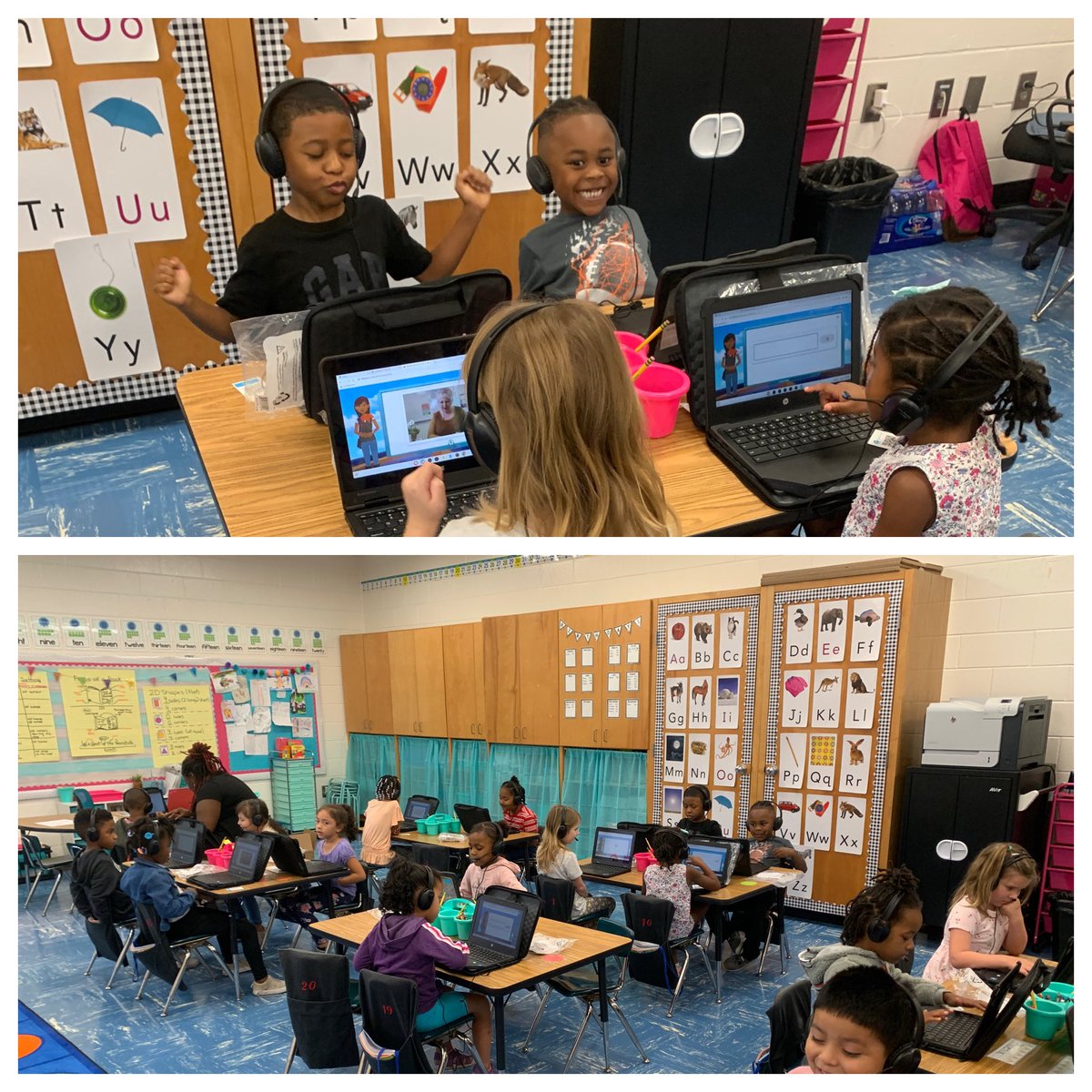 WCJones85's tweet photo. These students were so cute today using their new headsets to complete their @HMHCo Amira benchmark assessment. Thank you @HenryCountyBOE for purchasing these for us. https://t.co/O8T6bJWLuX