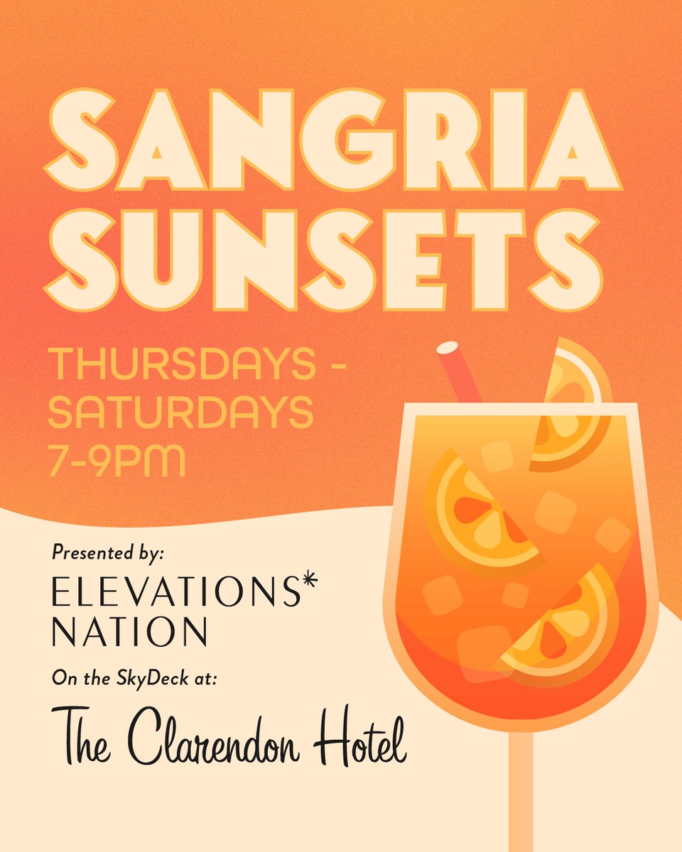 theclarendonphx's tweet photo. Phoenix sunsets and sangria, what could be better? 🍹🏜️

Sip the evening away as you soak up the chill vibes, meet awesome new people and toast a day well-done.

RSVP for free at ⤵️
https://t.co/12R7ebx8MS

#rooftopbar #myphx #bestofphoenix https://t.co/g1LjYABtc4