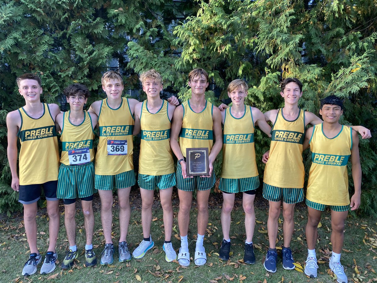 Preble Boys (now ranked 7th in state) won the Pulaski Invite tonight with average time of 16:34 and 6 boys in top 17 of race! Congrats to Jacob Nuthals on another individual win as well! 🏆🐝