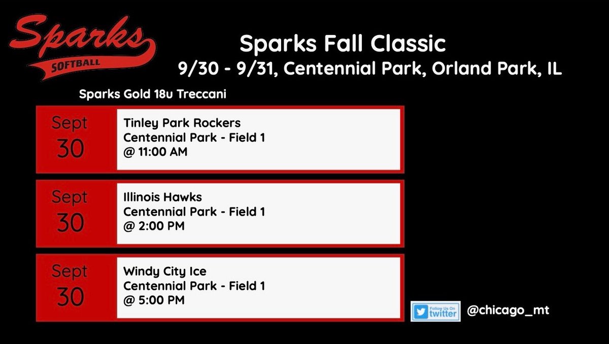Corrected schedule for Sparks Gold Treccani for Saturday at Centennial Park in Orland Park, IL