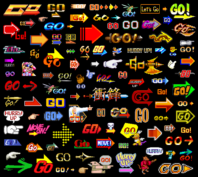 Over 100 "Go to the next screen" logos from various beat 'em ups.  This time redone and in black.  Let's Go!!