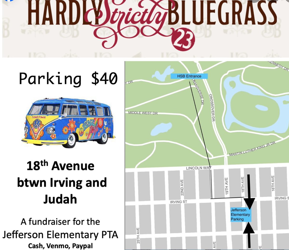 Best place to park for @HSBFest and support a a @sfusd public school Jefferson Elementary #sanfrancisco

#hsb23 #hardlystrictlybluegrass #hsb23app