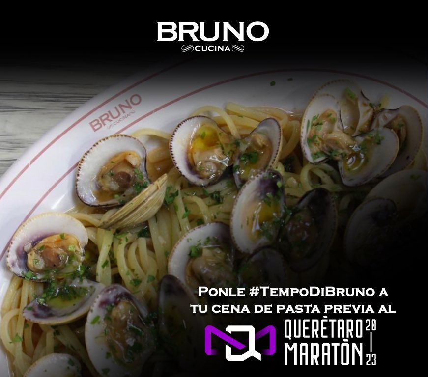 Una buena alimentación es parte integral de tu carrera. Ven a #BrunoCucina y disfruta de tu cena de pasta previa al @qromaraton.

¡Te esperamos!

#QueretaroMaratón #PastaLover #QuerétaroVuela