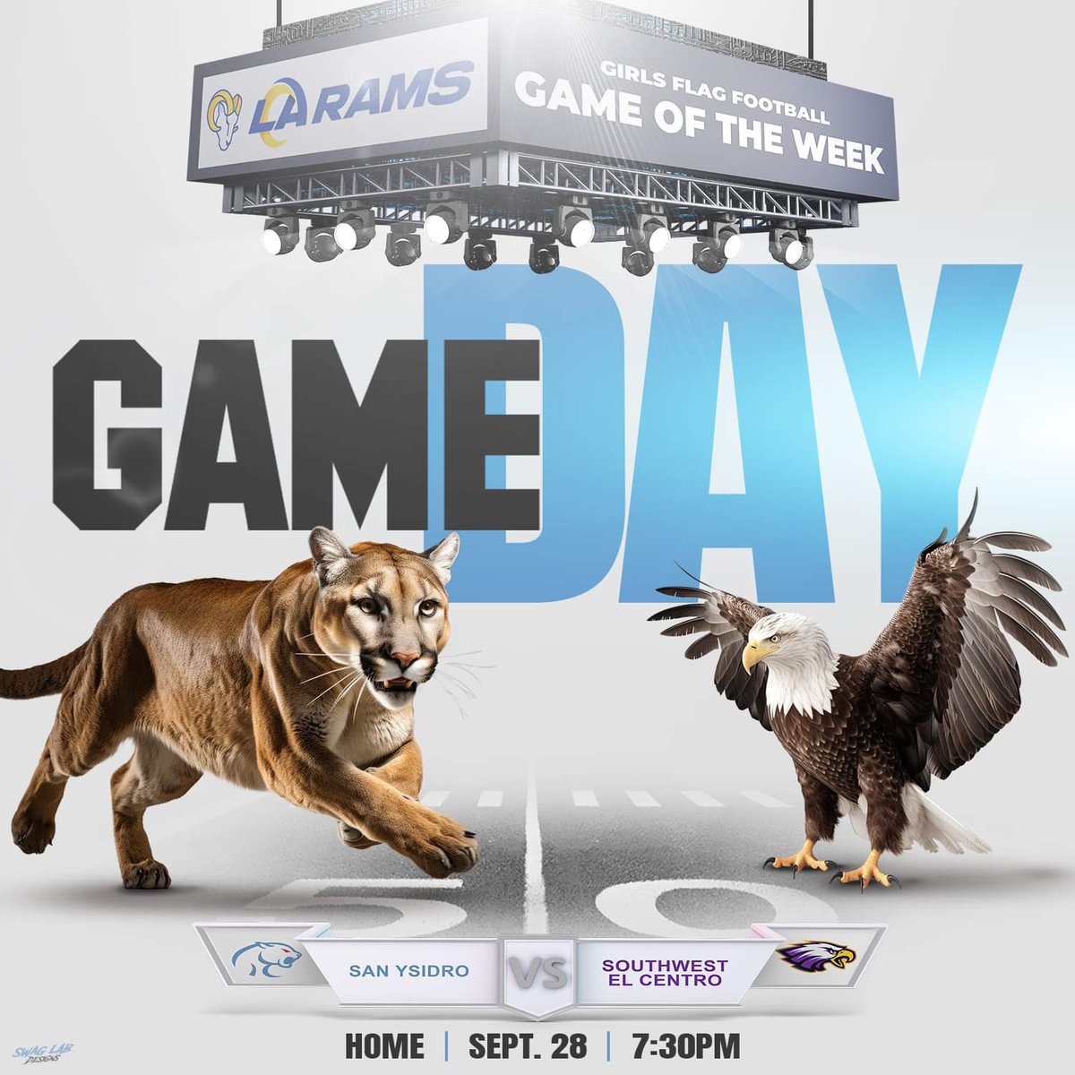 SwagLabGD's tweet photo. GD edit for @tonicanale59 and his #PuroSidro flag football Ladyz! Playing at home tonight in the Los Angeles Rams - Flag Football Game if the Week! GO GET EM COUGS! #FootballFam #swaglabedits @CIFSS @SYHSfootball @EC_Preps_SD @Daygofootball @KUSIPPR https://t.co/L84JVcEAoY