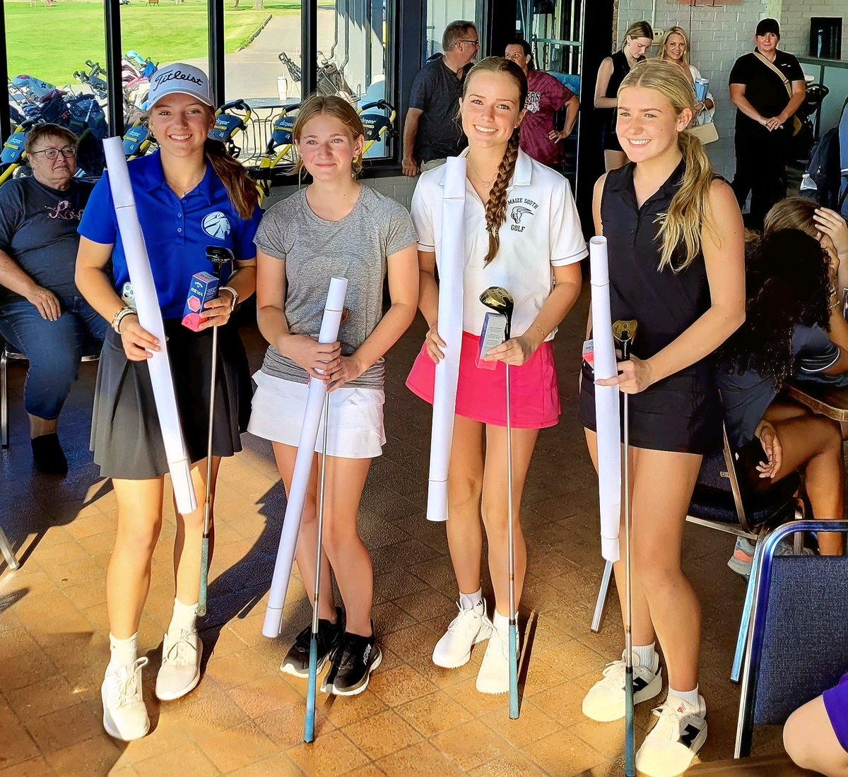 MaizeSouthAD's tweet photo. Harper Hohnbaum and her teammates from Andover Central, Andover, and Goodard finished first in the Goddard Lion Roar JV golf scramble with a score of 32 at Tex Consolver. https://t.co/hM6cV5ivnr