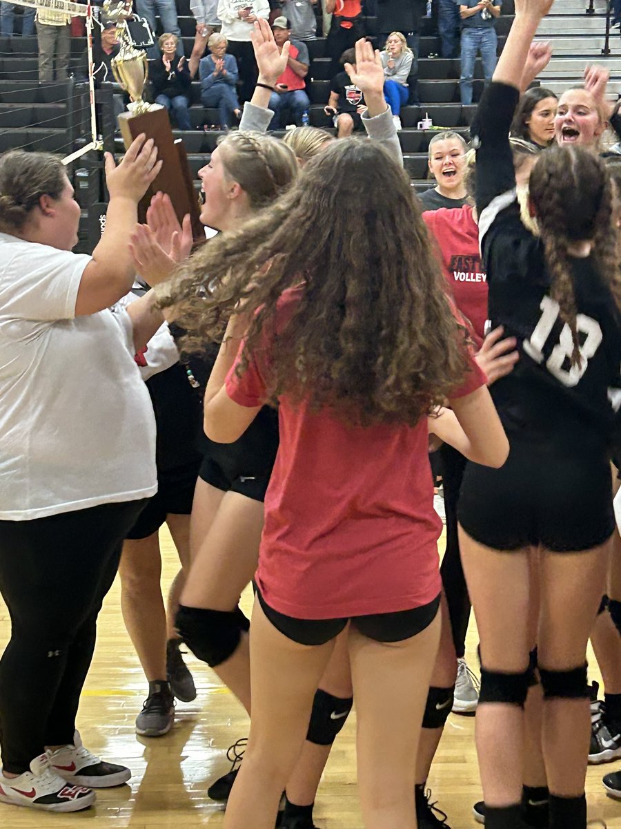 ECMSSports's tweet photo. The ECMS 8th grade Lady Trojan volleyball team are the 2023 SEI Tournament champs!  Congrats to coach Radcliffe and the girls!Thanks to the HS VB team for all of your support! https://t.co/FeAheSa5Na