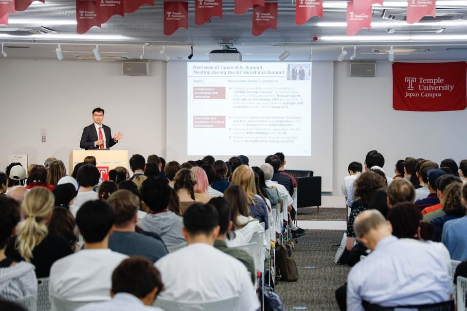 Standing-room-only crowd at Temple University, Japan campus to hear from Noriyuki Shikata, Cabinet Secretary of Public Affairs, PRIME MINISTER'S OFFICE. Shared insights about U.S.-Japan relations, Camp David talks, Hiroshima Summit, security, health, energy, tech and more.