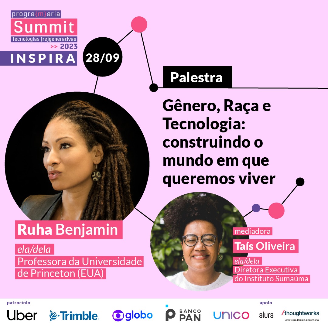 iana's tweet image. Vai começar daqui a pouco o keynote da professora Ruja Benjamin, da Universidade de Pinceton, referêcia sobre relações de gênero e raça na tecnologia e na ciência! Ela conversou com @tais_so!
Acompanhe ao vivo e gratuitamente no #PrograMariaSummit2023: programaria.org/summit2023/ins…