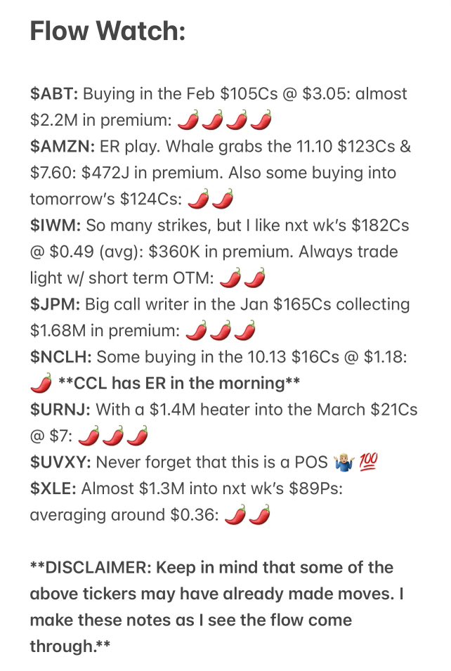 StockNannyApp's tweet photo. Pepper list/Flow watch. Please keep in mind we have data in the morning that could rock us or tank us $ABT $AMZN $IWM $JPM $NCLH $URNJ $UVXY $XLE please see disclaimer https://t.co/h75A87l6hm