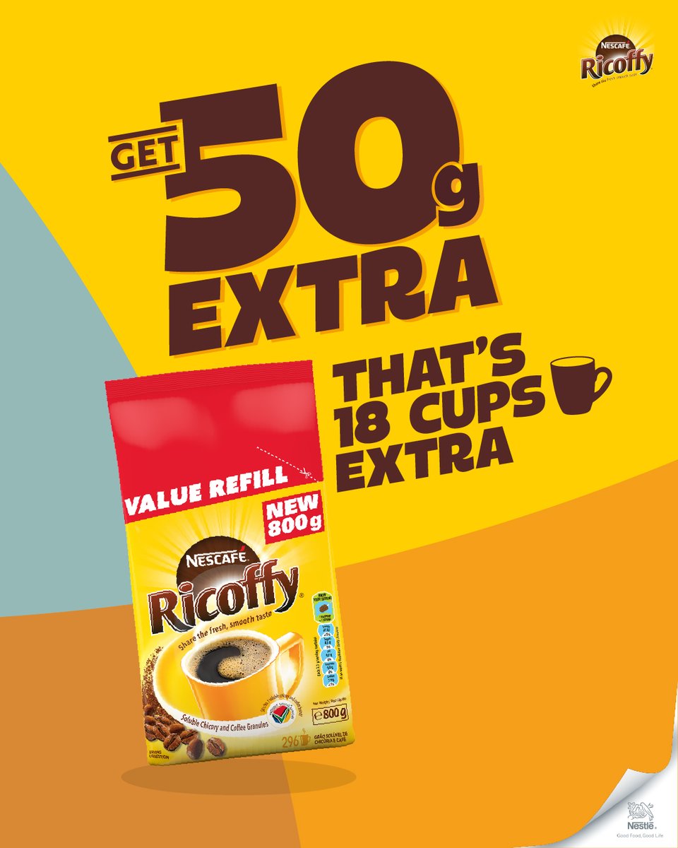 It doesn’t get more extra than Mzansi, that’s why we’re giving you 50g extra with the NESCAFÉ RICOFFY 800g Value Refill Pack that makes You 18 cups extra.
#NescafeRicoffy #50gExtra 
#800gValueRefillPack