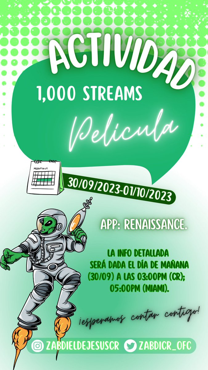 👽| PRIMERA ACTIVIDAD
¡El día de mañana queremos iniciar un stream masivo de fin de semana!
Por lo que para nosotros es importante que vos te unas.
¡Recuerda seguirnos para poder conocer más detalle de la actividad y descargar la App Renaissance para ser parte!