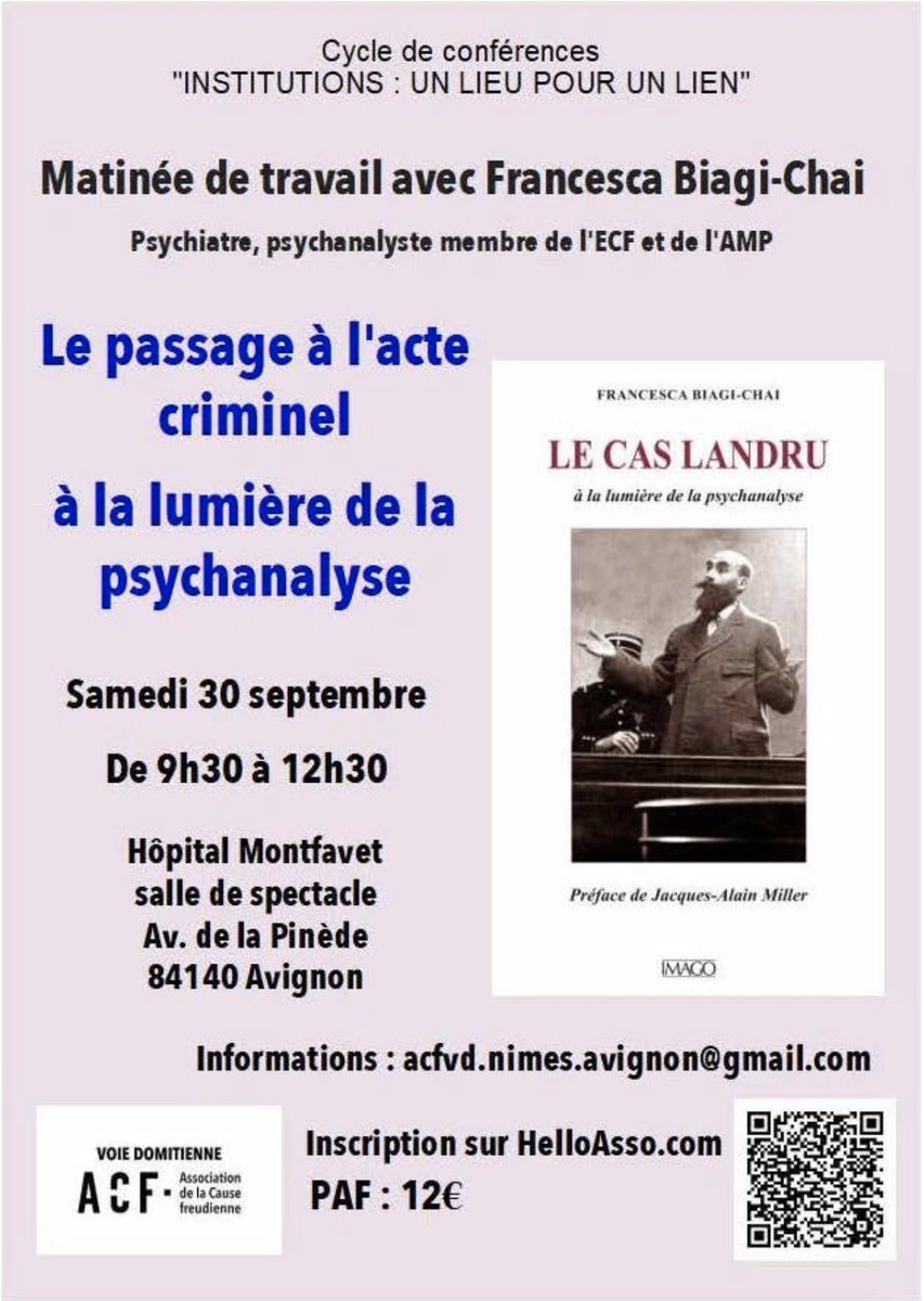 AcfVoieD's tweet photo. Rappel : DEMAIN 30/09/2023 à Avignon

Le passage à l'acte criminel à la lumière de la psychanalyse

Matinée de travail avec Francesca Biagi-Chai

S'inscrire : https://t.co/UO1hTJivzJ

Argument : https://t.co/CQU8OlbOOk

Visitez le site ACF en VD : 
https://t.co/jFHF63eejY https://t.co/XVsmIFOtPU