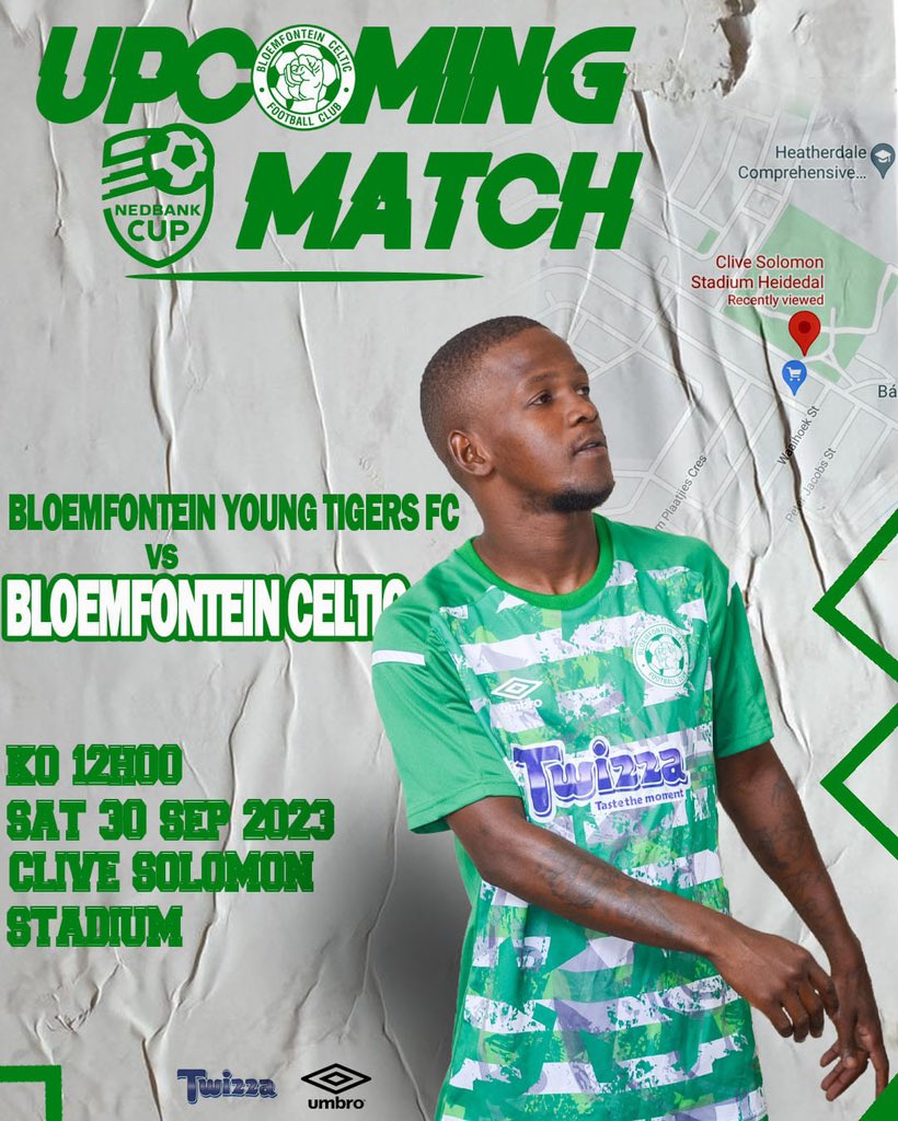 Bloem_Celtic's tweet photo. 🚨NEXT MATCH🚨

🏆 : NEDBANK CUP
⚽️ : VS BLOEM YOUNG TIGERS FC
⏰ : 12:00 
🏟️ : CLIVE SOLOMON
📆 : SAT 30 SEPTEMBER 2023

#LoveSiwelele
#ABCMotsepeLeague
#umbrofootball
#Twizza
#mysafa https://t.co/dYvVMyWRGf