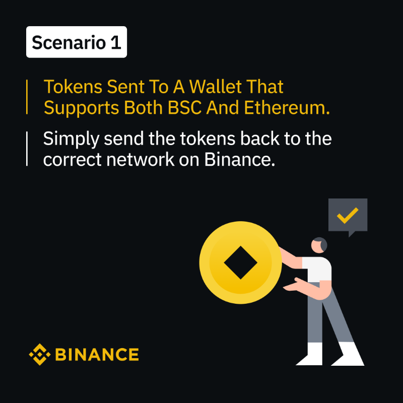 binance's tweet photo. Accidentally transferred your tokens to the wrong network on #Binance?

Don't panic. There are ways that you can recover your funds.

Here are some of the different transfer scenarios with tips on how you can get your tokens back.