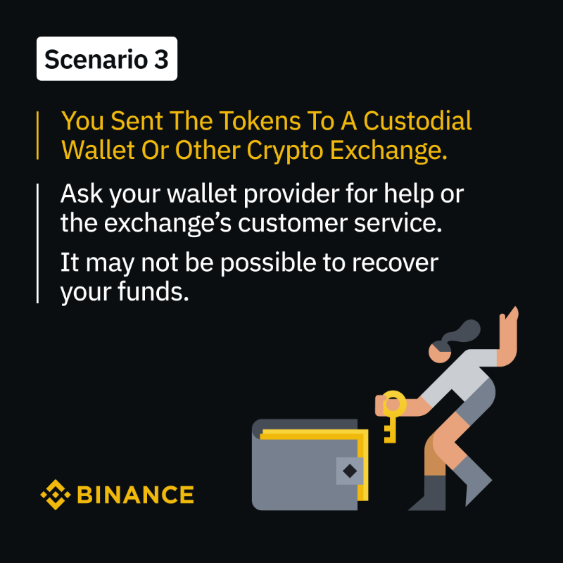 binance's tweet photo. Accidentally transferred your tokens to the wrong network on #Binance?

Don't panic. There are ways that you can recover your funds.

Here are some of the different transfer scenarios with tips on how you can get your tokens back.