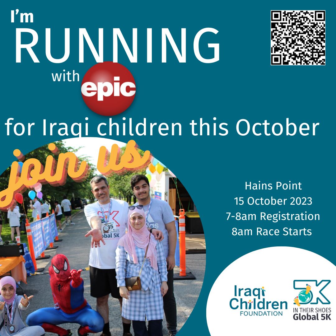 #Iraq is among the world's most dangerous countries for children. 37% suffer in acute poverty. Join EPIC for this year's @IraqiChildren 'IN THEIR SHOES' 5K. The run takes place on Oct. 15th in DC and 'virtually' around the globe. Let's make 2023 run the largest turnout ever!