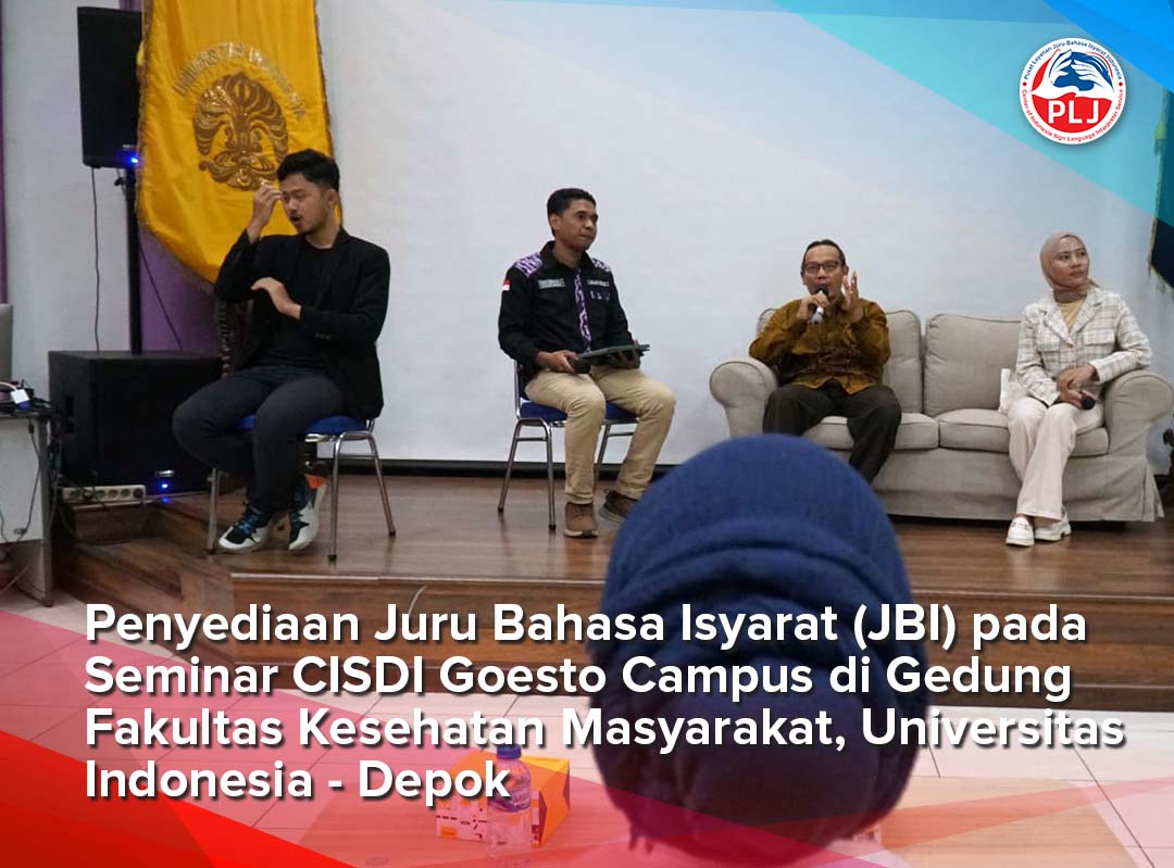 Penyediaan Juru Bahasa Isyarat (JBI) dlm Seminar CISDI Goesto Campus di Gedung Fakultas Kesehatan Masyarakat UI - Depok.

Butuh JBI utk keperluan acara, kegiatan, akses komunikasi &amp; informasi utk hadirin Tuli dsb.
Hubungi Kami melalui WA (Hanya chat):
wa.link/9ah8ne