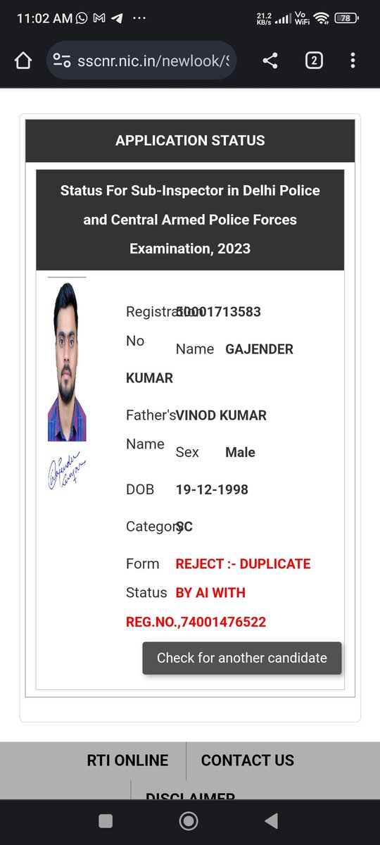Dinesh92639531's tweet photo. @ssc_official__ @ratanofficial24 I am working hard for the ssc cpo exam, and now my status is being rejected by AI. There is nothing  common in both the registration number. All my hard work is going to be a waste. @ssc_official__ https://t.co/nTtyOS8bq7