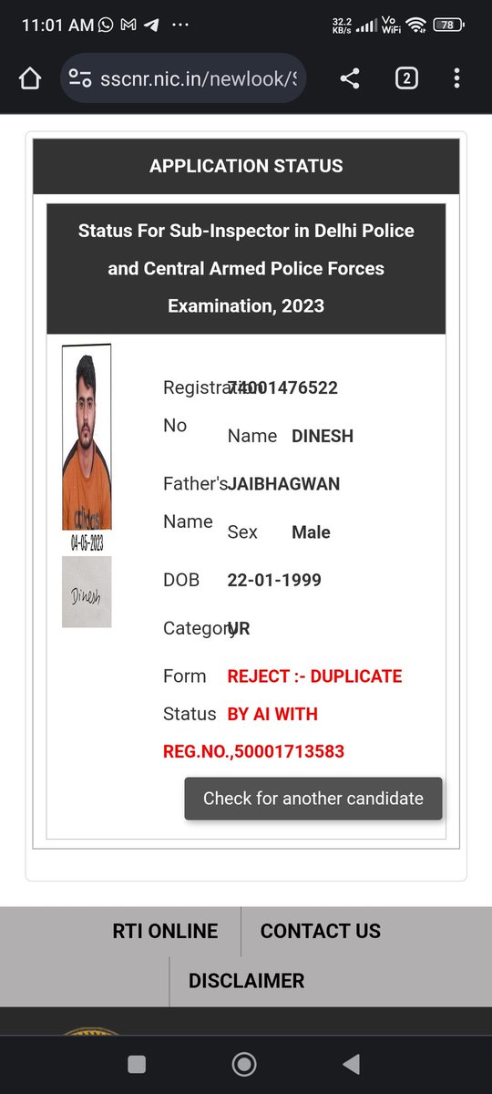 Dinesh92639531's tweet photo. @ssc_official__ @ratanofficial24 I am working hard for the ssc cpo exam, and now my status is being rejected by AI. There is nothing  common in both the registration number. All my hard work is going to be a waste. @ssc_official__ https://t.co/nTtyOS8bq7