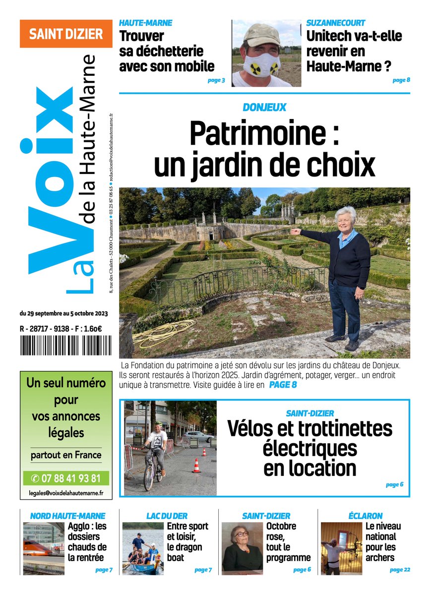 Les unes de la Voix de la #hautemarne du vendredi 29 septembre 2023
---> #nogent Métaltech forme aux métiers de l'industrie édition de #Chaumont
---> Un garage solidaire à #langres
---> La Fondation du patrimoine choisit les jardins du château de #donjeux éditon de #Saintdizier
