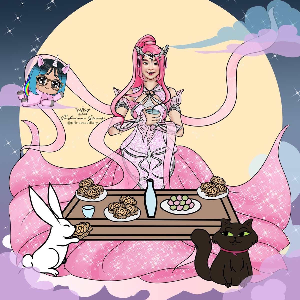 shopprincessa's tweet photo. 🌕 Happy mid-autumn festival! Celebrating unity and joy with mooncakes and lanterns! 🏮 Meet the 🐰 rabbit (hubby @edmltw) and unique People's Inc. 🦄 unicorn (Shar) in our festive artwork! #MidAutumnFestival #Celebration https://t.co/s9xdU97Dea