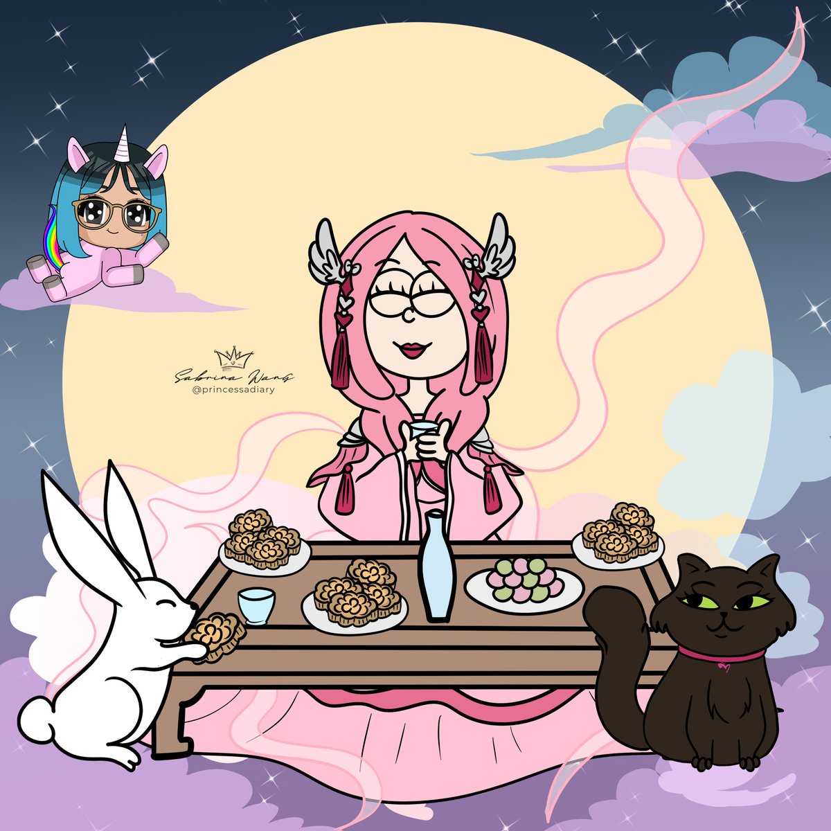 shopprincessa's tweet photo. 🌕 Happy mid-autumn festival! Celebrating unity and joy with mooncakes and lanterns! 🏮 Meet the 🐰 rabbit (hubby @edmltw) and unique People's Inc. 🦄 unicorn (Shar) in our festive artwork! #MidAutumnFestival #Celebration https://t.co/s9xdU97Dea