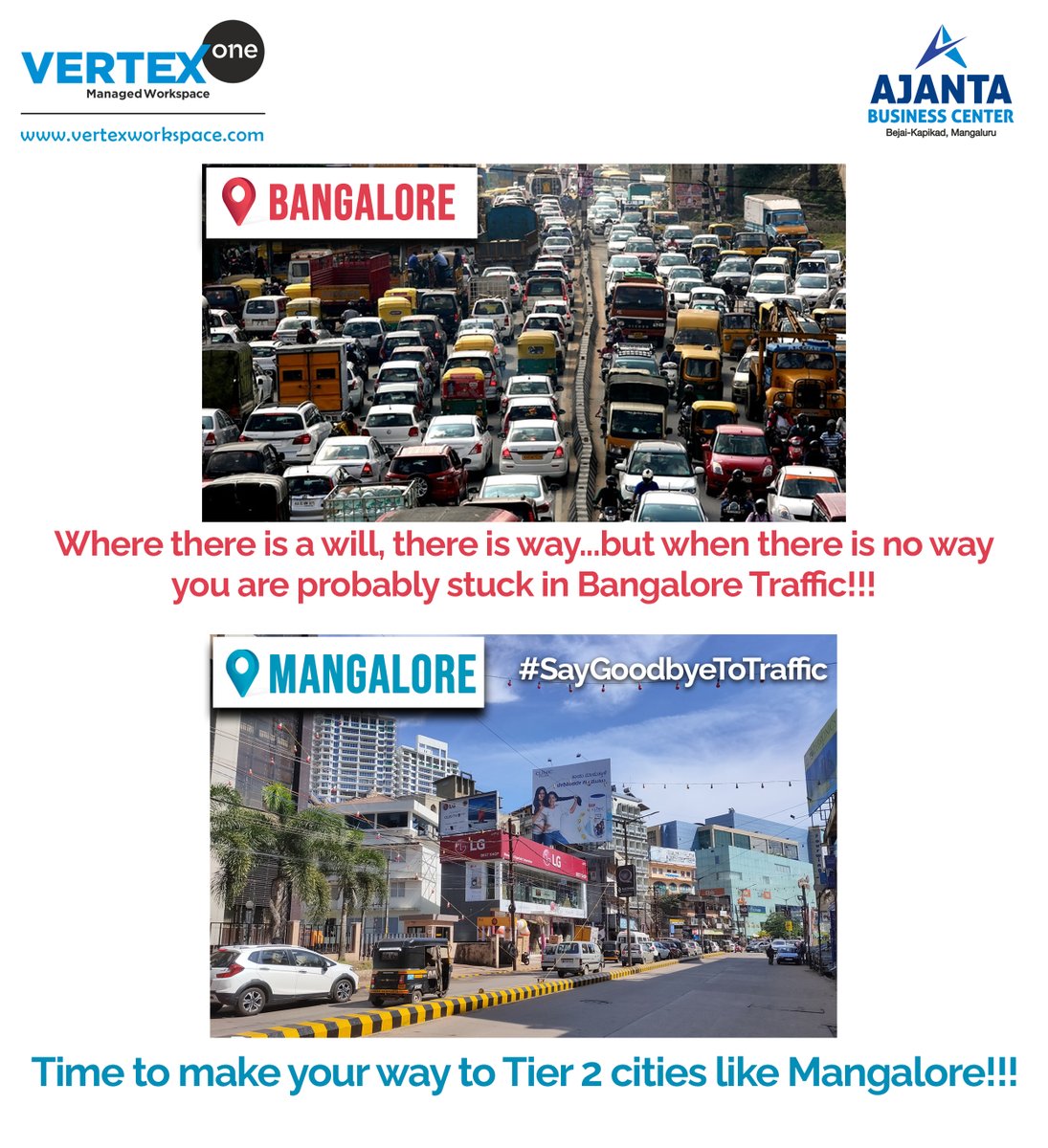 Bangalore Traffic vs. Mangalore Serenity: When your daily commute becomes a nature walk! 🌳🚗
#MoveToMangalore 
.
.
.
#Tier2cities #bengalurutraffic #bengalurumemes #TrafficVsSerenity #VertexWorkspace #ajantabusinesscentre #mangalorecity #memepost #trending  #IThub #siliconbeach