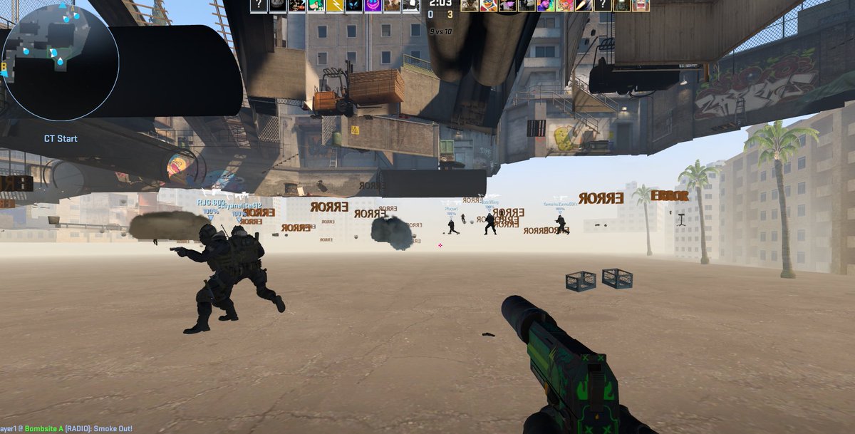landfuse's tweet photo. @CounterStrike spawned underneath the map on mirage, weird bug. After killed I'm still there and there is "error" text everywhere #CS #CS2 #CounterStrike #CS2Bug #CS2Bugs #CSBug https://t.co/N70HQGlI0C