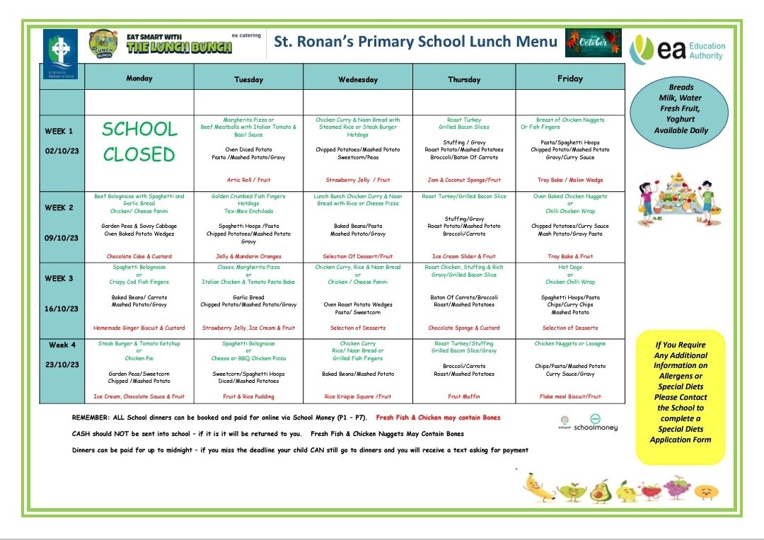 Dinners October 🎃 👻 🎃 2023...remember to book and pay using <a href="/Eduspot_UK/">Eduspot</a> #SchoolMoney. 
Remember Special Halloween 🎃 Party 🥳 Day Dinner and Dress Up 27th Oct