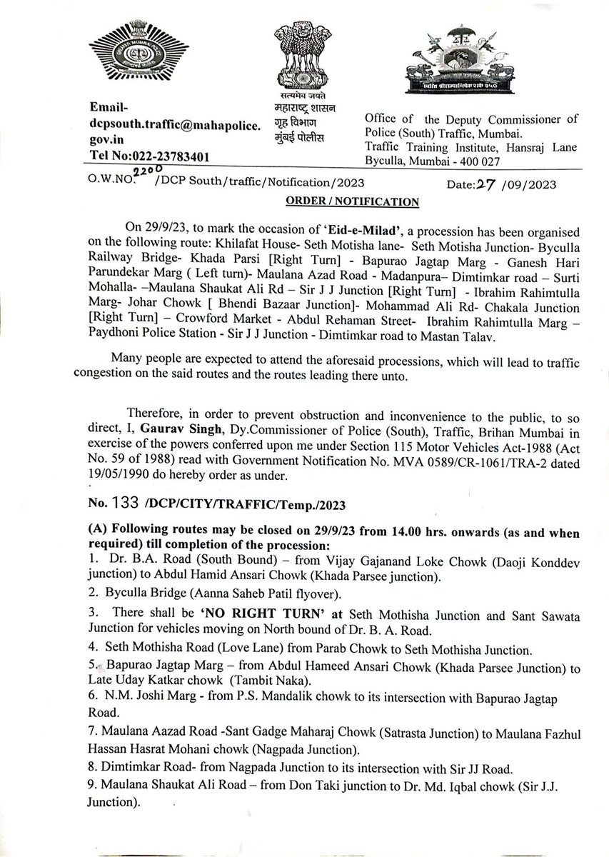 MTPHereToHelp's tweet image. In view of the procession during Eid-e-milad across various places in Mumbai &amp;amp; to avoid traffic congestion, the following traffic arrangements have been made from 14.00 pm on 29th September 2023. #MTPTrafficUpdates