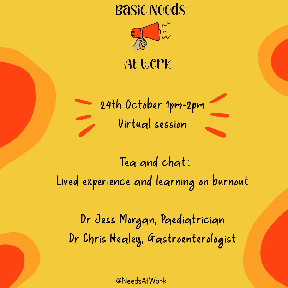 I am so excited to share the next Basic Needs at Work session: Come listen, learn &amp; reflect on the lived experience of #burnout

Thank you to Dr Jess Morgan &amp; Dr Chris Healey for sharing their stories. Bring a brew &amp; tune in ☕️

24th Oct 1-2pm

Book here👉 tickettailor.com/events/basicne…