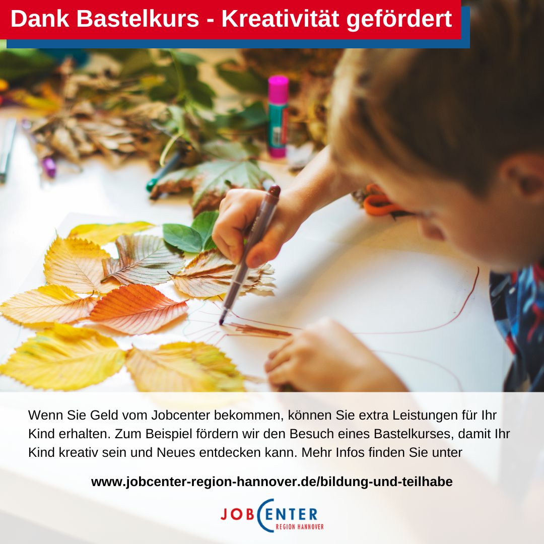 Alle Infos zu den Extra-Leistungen für Kinder und Jugendliche vom Jobcenter Region Hannover finden Sie unter jobcenter-region-hannover.de/bildung-und-te… (link in bio)

#JobcenterRegionHannover #RegionHannover #Hannover #BildungUndTeilhabe #Kita #Kindergarten #Schule