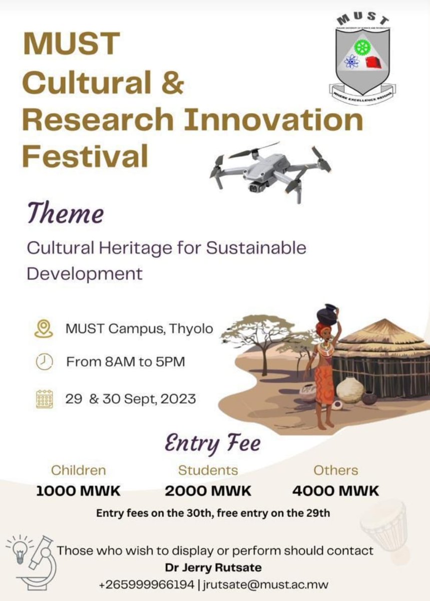 BioMUST's tweet photo. From today 29th Sept to 30th Sept @mustmalawi will hold the MUST cultural and research innovation festival. #culture #Malawi https://t.co/t6ltEN8yNL