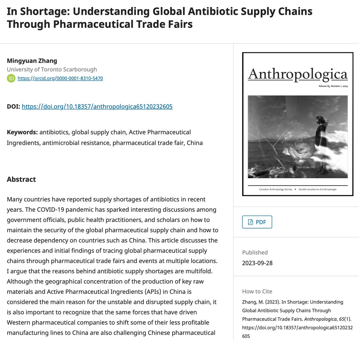 My new article "In Shortage: Understanding Global Antibiotic Supply Chains Through Pharmaceutical Trade Fairs" is now published by
<a href="/Anthropologica_/">@anthropologica.bsky.social</a>
! Check it out if you are interested in antibiotic shortage and supply chains! <a href="/FAR_antibiotics/">Antibiotic Trajectories</a> 

doi.org/10.18357/anthr…