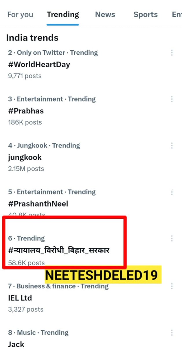 #न्यायालय_विरोधी_बिहार_सरकार 
साथियों रूकना नहीं है भारत ट्रेंडिंग में नंबर 6पर है ✊🚩

#DELED एकता जिंदाबाद 🚩✊
#बीएड_VS_बीटीसी 

ट्वीट रीट्वीट 💯

जुडिए👇
<a href="/NeeteshDELED19/">Neetesh Pandey( प्रदेश अध्यक्ष)</a>