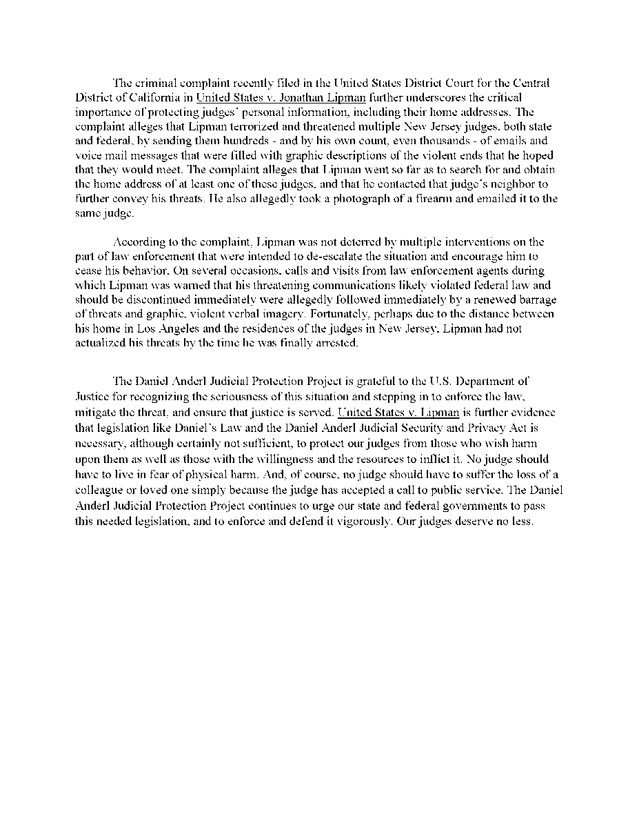 BREAKING:  DAJPP's Statement addressing United States v. Jonathan Lipman (C.D. Cal.) and the defendant's alleged threats against multiple New Jersey judges.