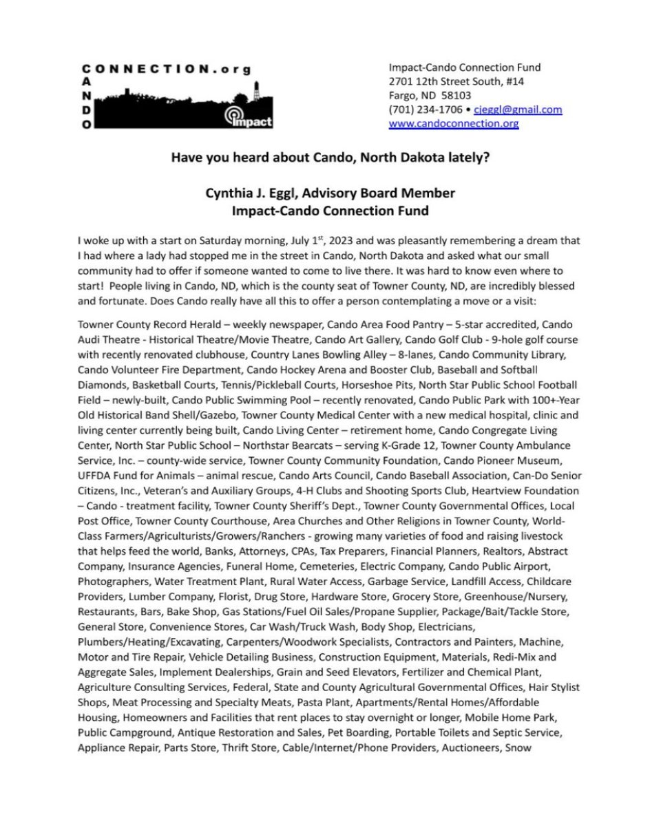 impactcandond's tweet photo. Have you heard about Cando, ND lately? An invited article submitted to our local paper on why we've been fundraising to benefit Cando/Towner Co, ND qualified charitable orgs. is attached. Join our Impact Cando Connection Fund 2023 Caring Campaign-visit: https://t.co/snrtKYL5a5 https://t.co/vDVIr7vchN