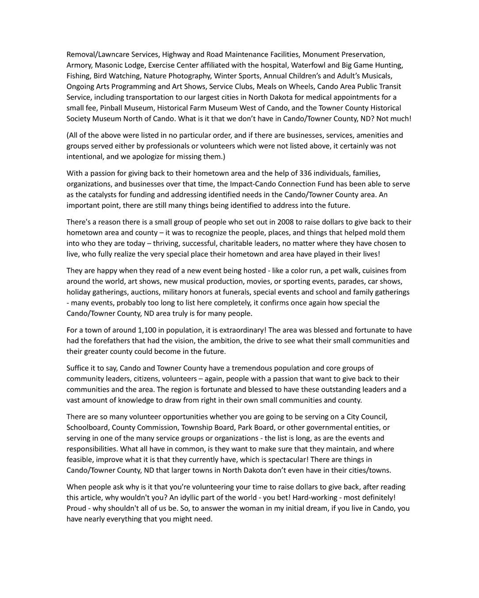 impactcandond's tweet photo. Have you heard about Cando, ND lately? An invited article submitted to our local paper on why we've been fundraising to benefit Cando/Towner Co, ND qualified charitable orgs. is attached. Join our Impact Cando Connection Fund 2023 Caring Campaign-visit: https://t.co/snrtKYL5a5 https://t.co/vDVIr7vchN
