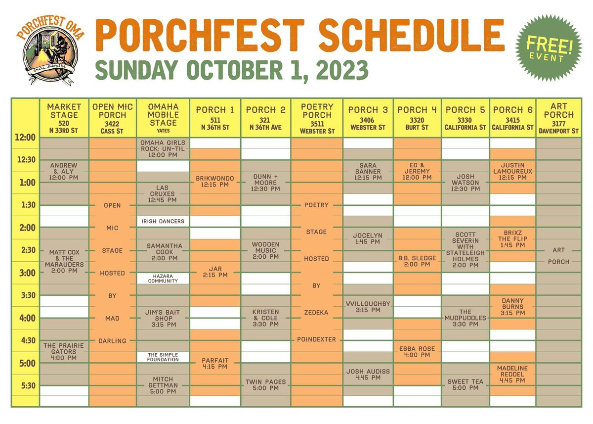 PorchfestOMA's tweet image. The schedule is here for Sunday!

#PorchfestOMA #PorchfestOmaha #PorchfestOMA2023 #PorchfestOmaha2023 #livemusic #poetry #art #communityevent #giffordpark #omaha #familyfun